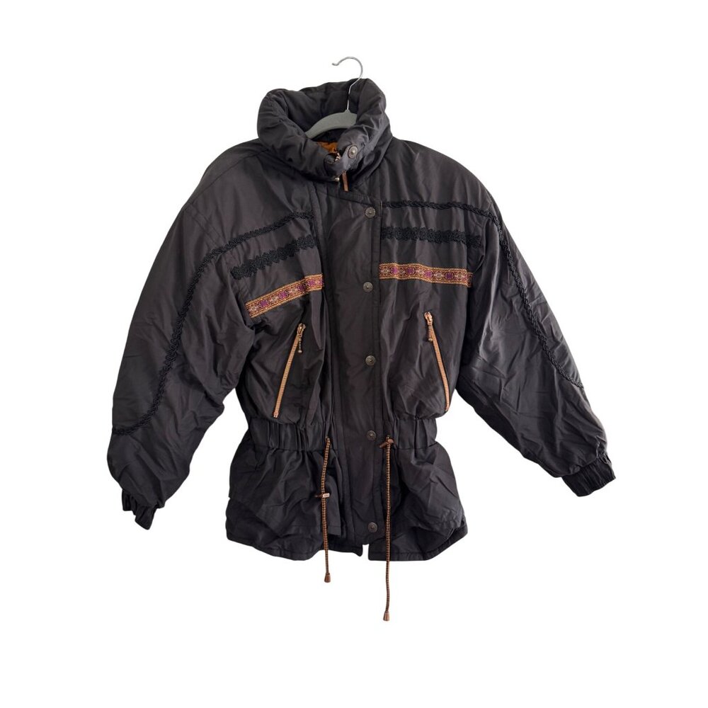 Vintage Womens Small Black Winter Jacket With Embroidered Details Orange Lining